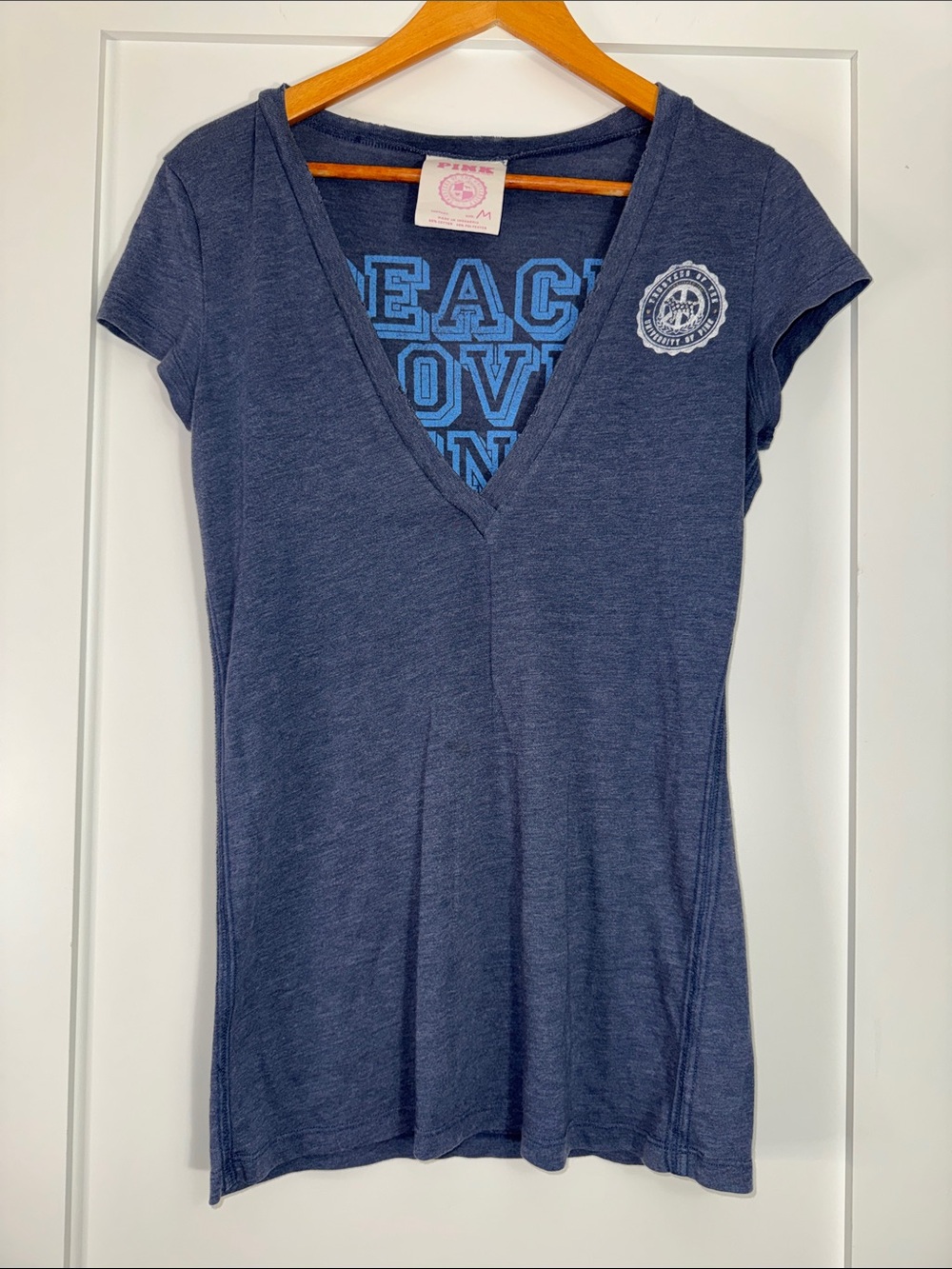 VS Pink Y2K ‘07 Women’s Navy Deep V-Neck Graphic Tee Sz Medium Twee vintage